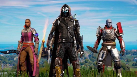 Fortnite Destiny 2 skins are here but there's no Cayde-6. This image shows Cayde-6 in front of the Fortnite Destiny 2 skins.