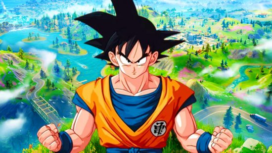 Fortnite down after Dragon Ball event: Goku from Dragon Ball stands in front of the Fortnite map