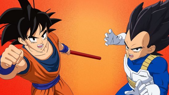 Fortnite and Dragon Ball are clashing. This image shows Goku and Vegeta in front of an orange background.