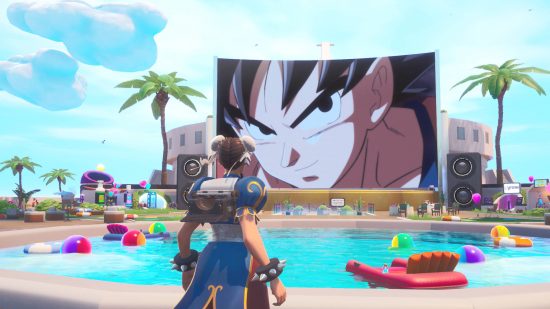 Fortnite Dragon Ball episodes codes: Chun-Li is watching an episode of Dragon Ball Super on the big screen in a poolside area.