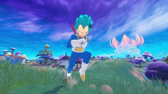 Fortnite Dragon Ball quests: Vegeta in Fortnite running up a hill. He is in his Super Saiyan Blue form and has a red staff on his back.