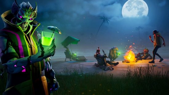 Fortnite Fortnitemares callout: a vampire drinking a green cocktail on the beach with people in the background around a fire.
