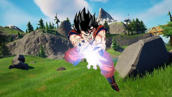 TFortnite Dragon Ball's Kamehameha is the best new weapon in ages. Here's a picture of Goku doing the move in front of a Fortnite backdrop.