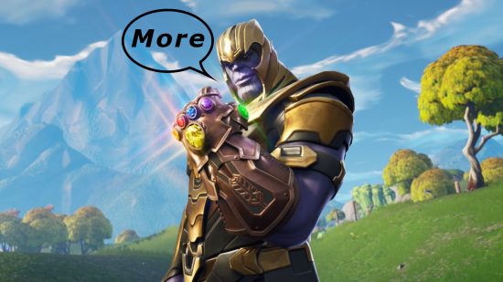 Another Fortnite Marvel crossover could be inevitable. This image shows Thanos saying "More".
