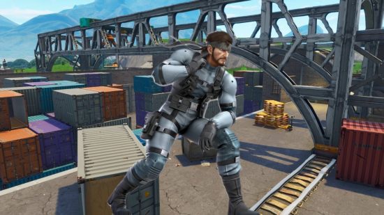 Fortnite Metal Gear Solid map takes players through MGS history: some Fortnite containers with Solid Snake in front of them.
