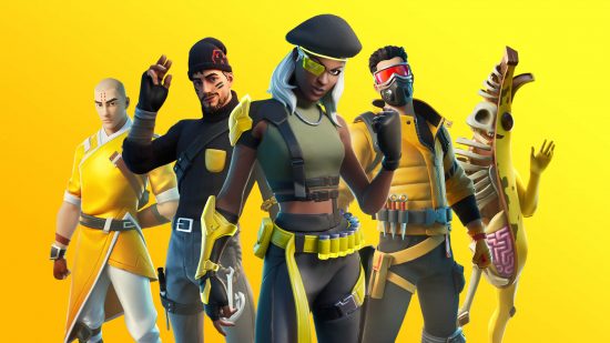 A new Fortnite 50v50 Mode could be coming soon. This image shows five characters in front of a yellow background.