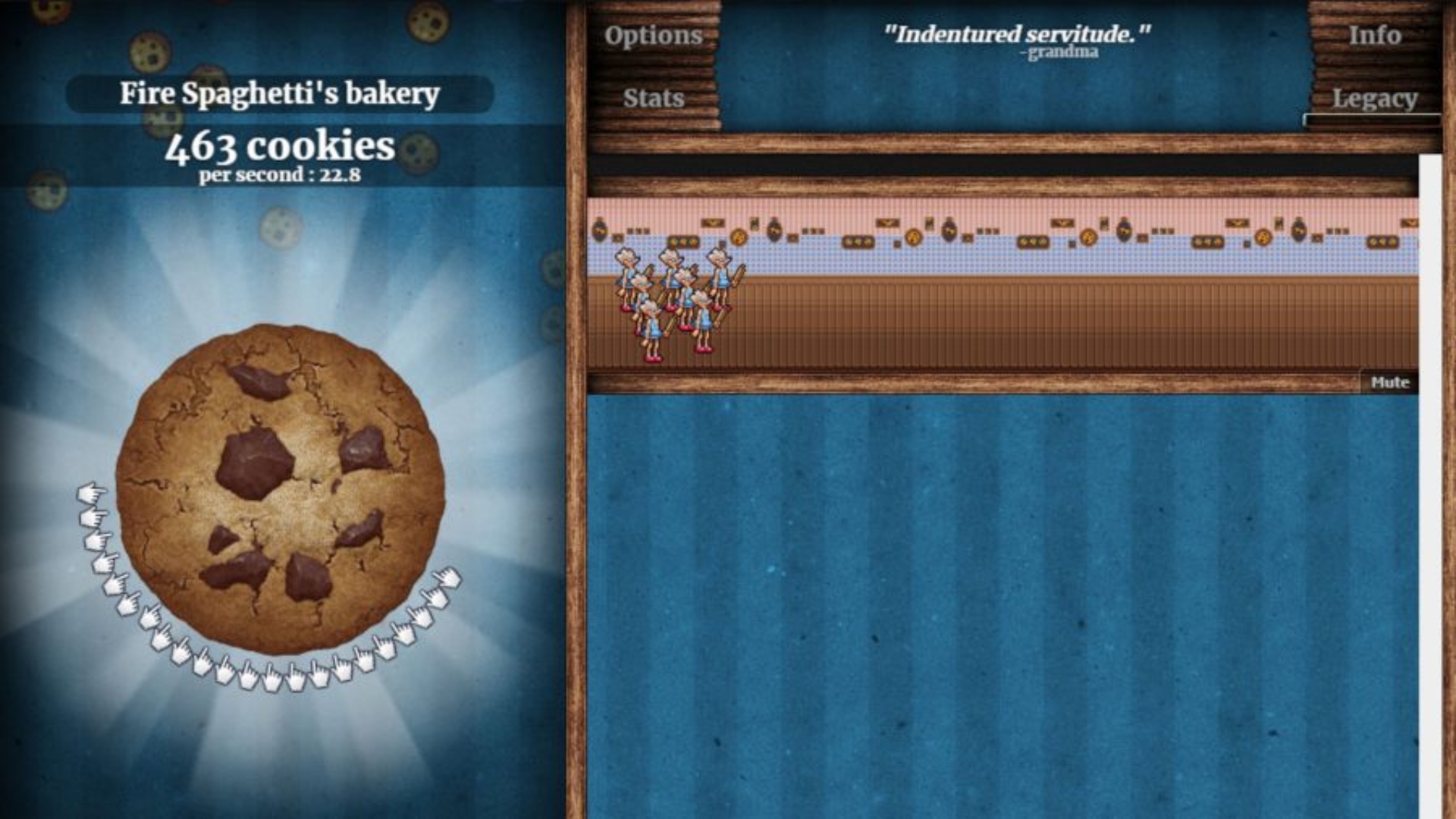 Online games: Cookie Clicker. Image shows a giant cookie and some cookie production.