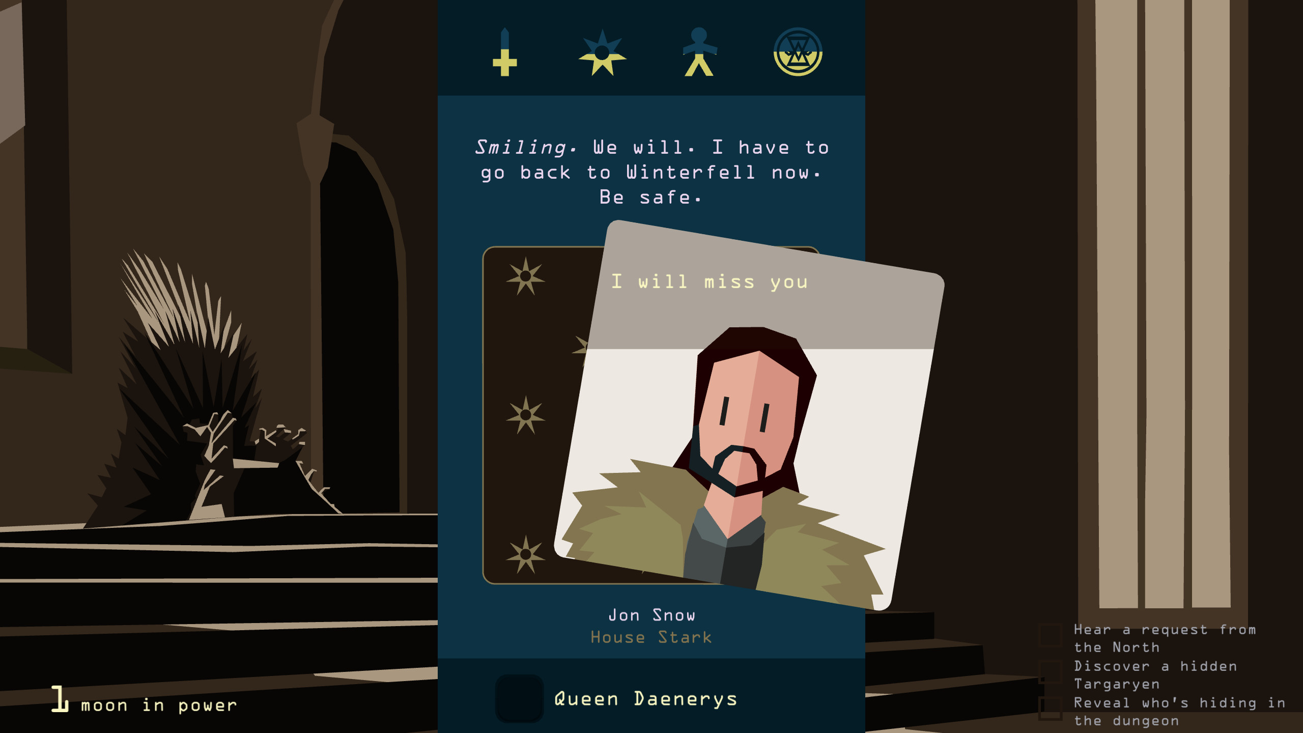 Game of Thrones games: Reigns. Image shows Jon Snow on an in-game card.