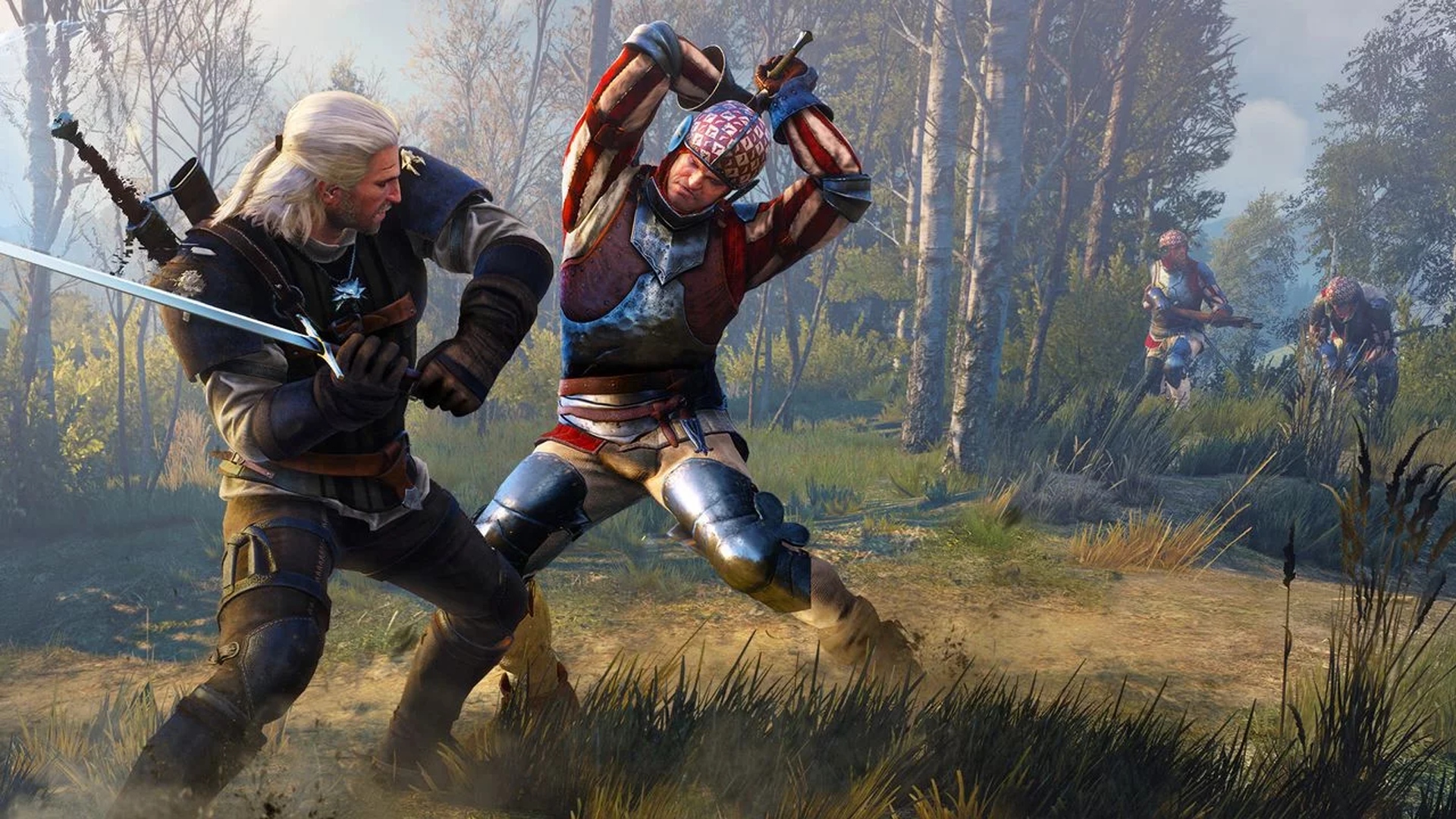 Best Game of Thrones games: The Witcher 3. Image shows Geralt in a fight with someone.