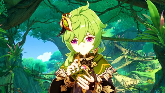 Genshin Impact 3.0 livestream details - Collei, a green-haired girl, writing in a notebook in the forest of Sumeru