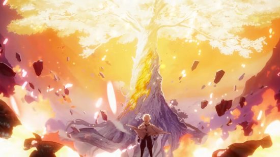Genshin Impact 3.0 Releasedatum: 2d anime-stijl kunst van de reiziger die naar een grote boom kijkt