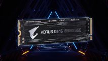 The Gigabye Aorus Gen5 10,000 NVMe SSD stands against a futuristic background with blue lights, packs a PCIe 5.0 interface
