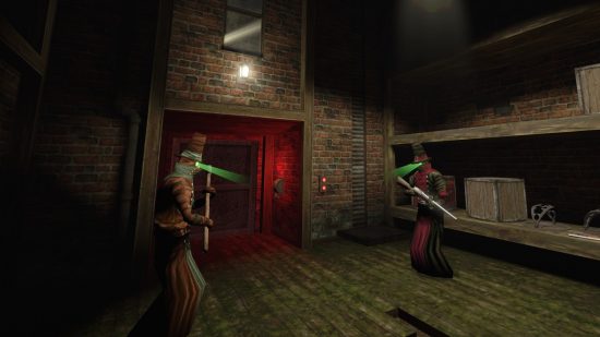 Gloomwood early access launch delayed: Two figures in plague doctor costumes with green glowing eyes heft weapons outside a red wooden door with iron bars.