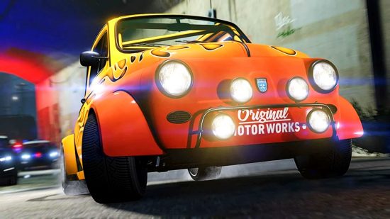 GTA 5 Grand Theft Auto Online - compact car the Grotto Brioso 300 Widebody in an orange and yellow paintjob