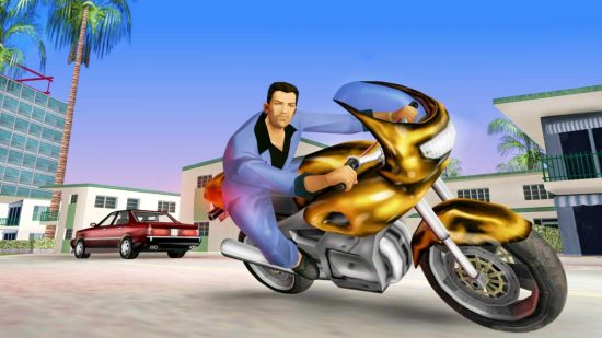 Grand Theft Auto: Vice City gets a new HD remaster via GTA mod: Tommy Vercetti from Grand Theft Auto: Vice City rides a yellow superbike through Rockstar's open world