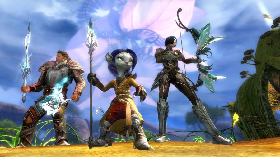 A trio of Guild Wars 2 heroes posing in armour