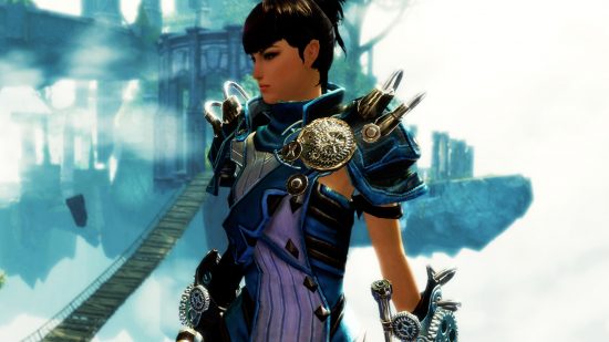 Guild Wars 2 End of Dragons DLC coming after Steam release: Captain Mai Trin against floating jade city in the background, looking off into the distance on the right