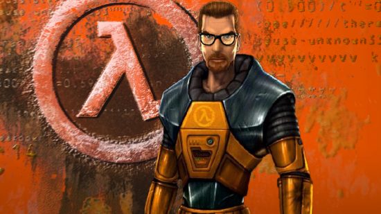 Half-Life Steam world record smashed, in honour of Gordon Freeman: a scientist in a powered suit of armour, Gordon Freeman from Half-Life, stands against an orange background