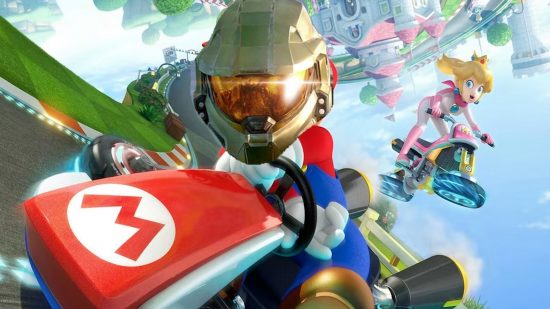 Halo Infinite Forge Mario Kart: Mario with Master Chief's head drives a red kart on a floating track