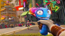 High on Life system requirements: Blue gun from face with cartoon city backdrop