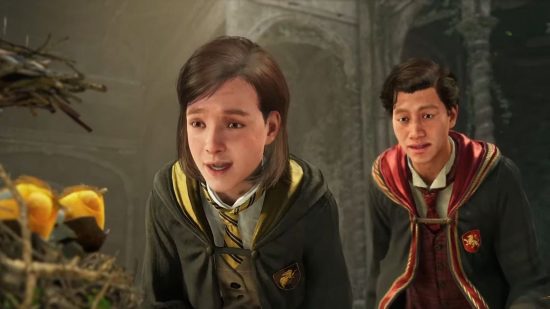 Hogwarts Legacy animation: A young woman and young man wearing black robes look at a plant in awe