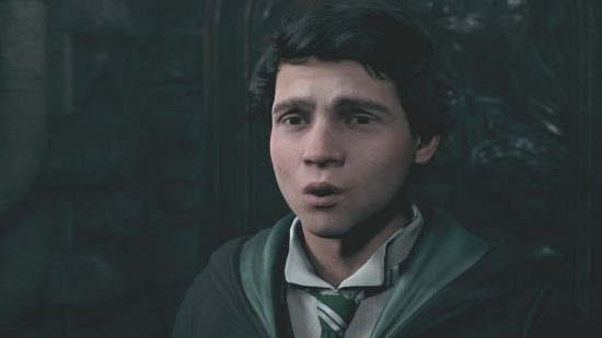 Hogwarts Legacy pre-orders: A young man wearing black and green robes stands with his mouth open