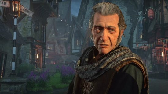 Hogwarts Legacy release date delayed: An old man with gray hair stands in the middle of a foggy village
