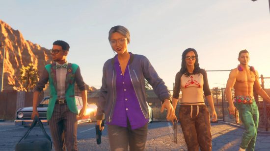 How long is Saints Row mission list: the player character is wearing a purple shirt and jacket, and holding a gun. She is walking through a car park with Neenah and Kev, who are also holding guns, and Eli, who is holding a duffel bag.