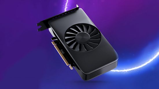 An Intel Arc graphics card floats against a purple-blue background, with a streak circular light
