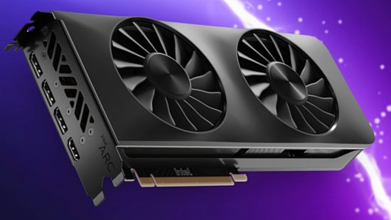 An Intel Arc GPU floats against a purple background