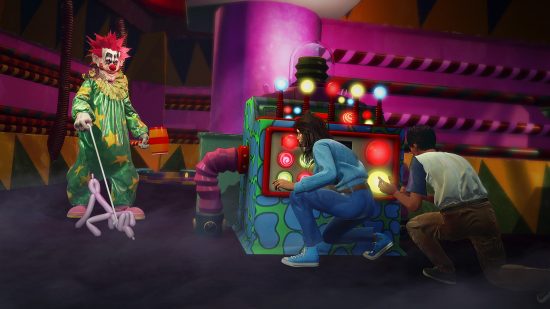 Killer Klowns from Outer Space: The Game preview: Survivors crouch behind a strange machine covered in lights as a 'Spikey' Klown approaches with a balloon-animal dog on a leash