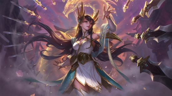 league of legends patch 12.16 preview irelia buffs, diana changes: Divine Sword Irelia skin splash art woman with black hair in white grecian dress surrounded by knives