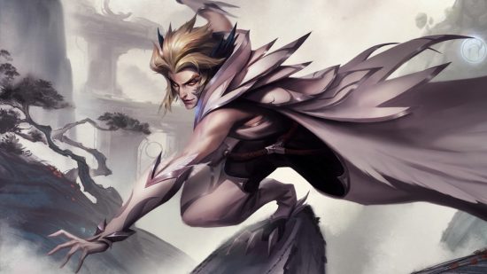 league of legends worlds trophy tiffany's: IG Rakan splash art showing blond man in white cloak with bird talons against a black and white asian-inspired background