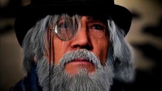 Lies of P - close-up of a man with grey hair and beard, wearing a monocle