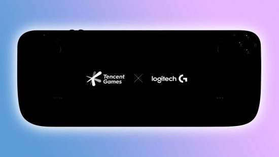 Logitech Tencent hanheld: Steam Deck silhouette with company logos in middle and blue and purple backdrop