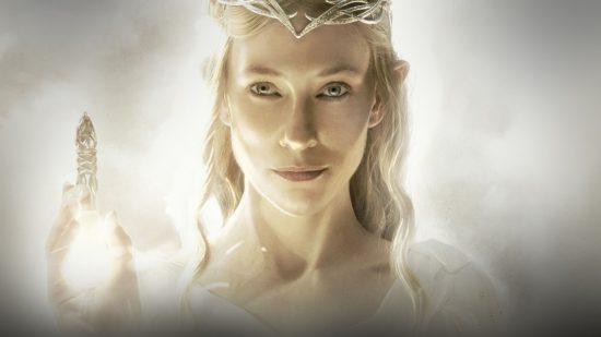 Lord of The Rings game announced Weta Workshop 2024: Cate Blanchett as Galadriel, a blond elf in The Hobbit, holds up glass vial of white light.