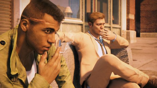 Mafia 4 should have a retro 90s setting inspired by The Sopranos: Two guys, Lincoln and Donovan from open-world crime game Mafia 3, sit on a bench smoking