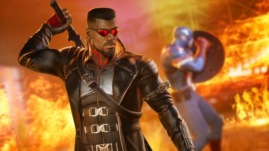 Marvel's Midnight Suns delayed: Blade, wearing red-tinted wraparound sunglasses and a red-accented leather trench coat, pulls his sword from its place on his back as Captain America takes up a defensive position behind him