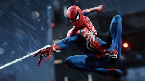 Marvel's Spider-Man fires a web from his webshooter, in a rainy dark locale