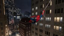 Spider-man PC patch: Spider-man swings on a webline between tall office buildings in Manhattan at night