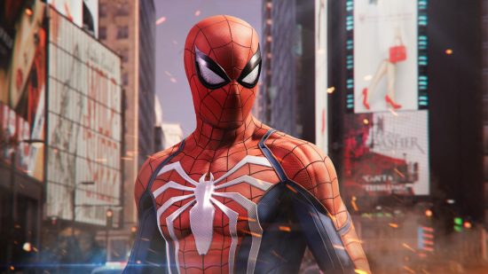 Marvel's Spider-Man Remastered PC review: The titular hero stands in Times Square, his mask's eyes squinted, creating a strong, stoic expression