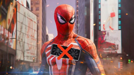 Spider-Man standing in city with Nvidia graphics card near chest and red cross