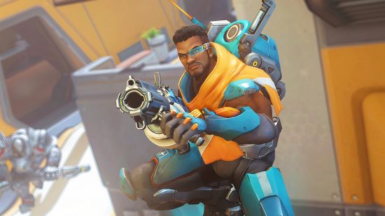Microsoft Activision Blizzard deal approved for the first time. Baptiste from Overwatch leaps through the sky holding a powerful gun.