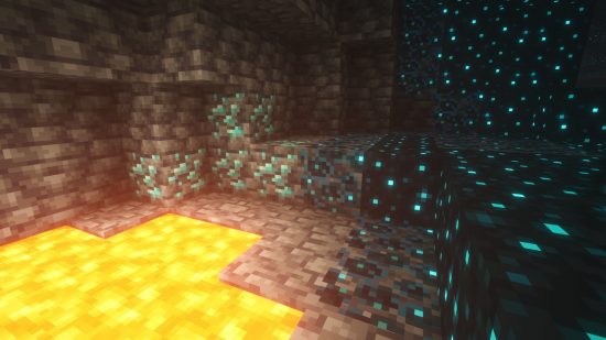 Minecraft diamantes subterráneos, cerca de lava y skulk