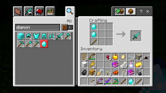 Minecraft diamond sword crafting recipe: two diamonds and one stick