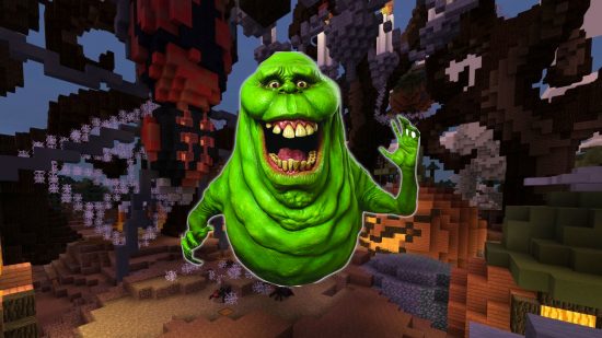 Minecraft and Ghostbusters come together. This image is Slimer in front of a spooky Minecraft forest.