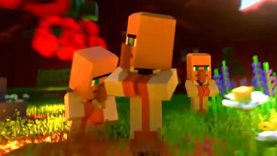 Minecraft Legends allies can be enemy mobs - three villagers running from a red smoke cloud