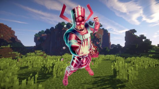 Minecraft map has finally been completely mined, after five years: The image shows Galactus in front of a classic Minecraft landscape.