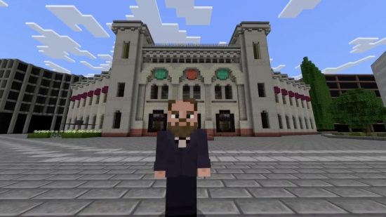 Minecraft Map peace builders explores the Nobel peace prize. This image shows Alfred Noble in Oslo.