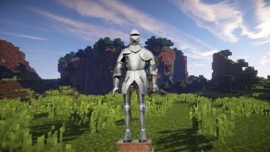 This Minecraft mod adds new armour sets. This image shows a suit of knight armour in front of a Minecraft landscape.